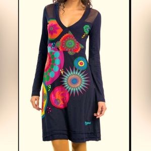 Desigual navy blue colorful sequins embroidered dress, size XS